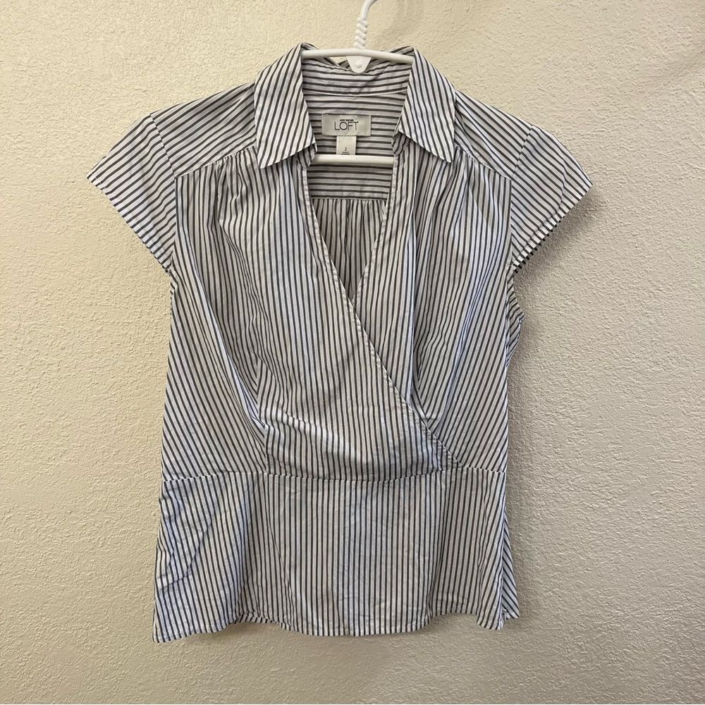 LOFT Navy and White Striped Cap Sleeve Blouse